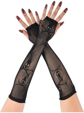 Women's Black Skull Crossbones Fishnet Long Fingerless Gothic Gloves